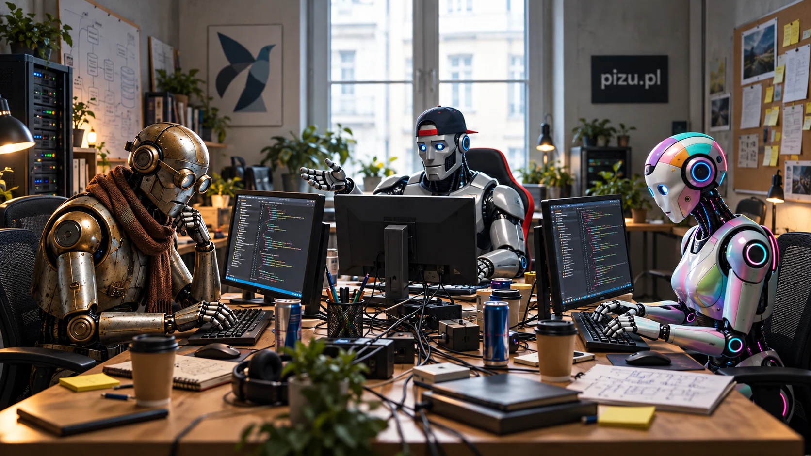 Realistyczne startupowe biuro. Przy wspólnym drewnianym stole siedzą trzy roboty: mosiężny Jean-Claude w szaliku, srebrny Chad w czapce i perłowa Gemma z kolorowymi diodami. Piszą kod, otoczeni monitorami, kawą i plątaniną kabli.